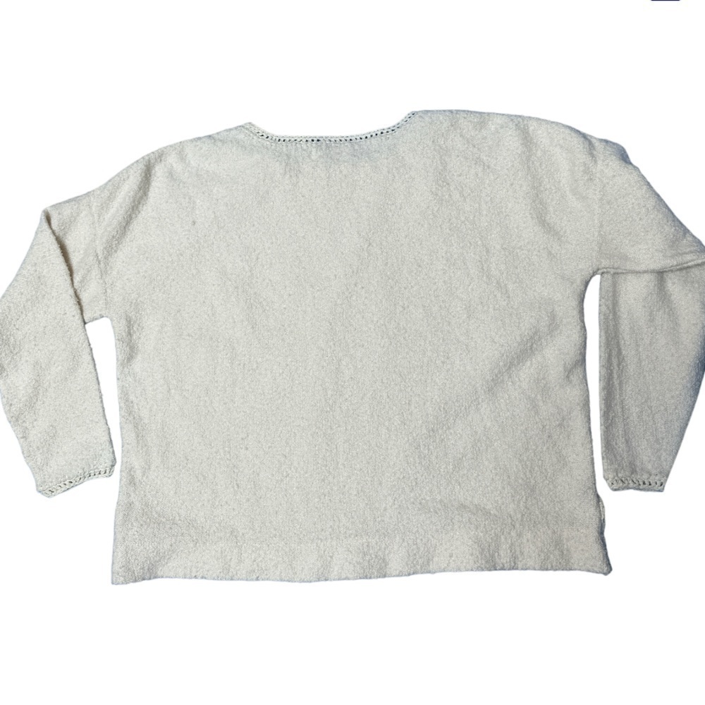 Anthropologie Boxy Bouclé Sweater 3/4 Sleeves Crochet Lace Details